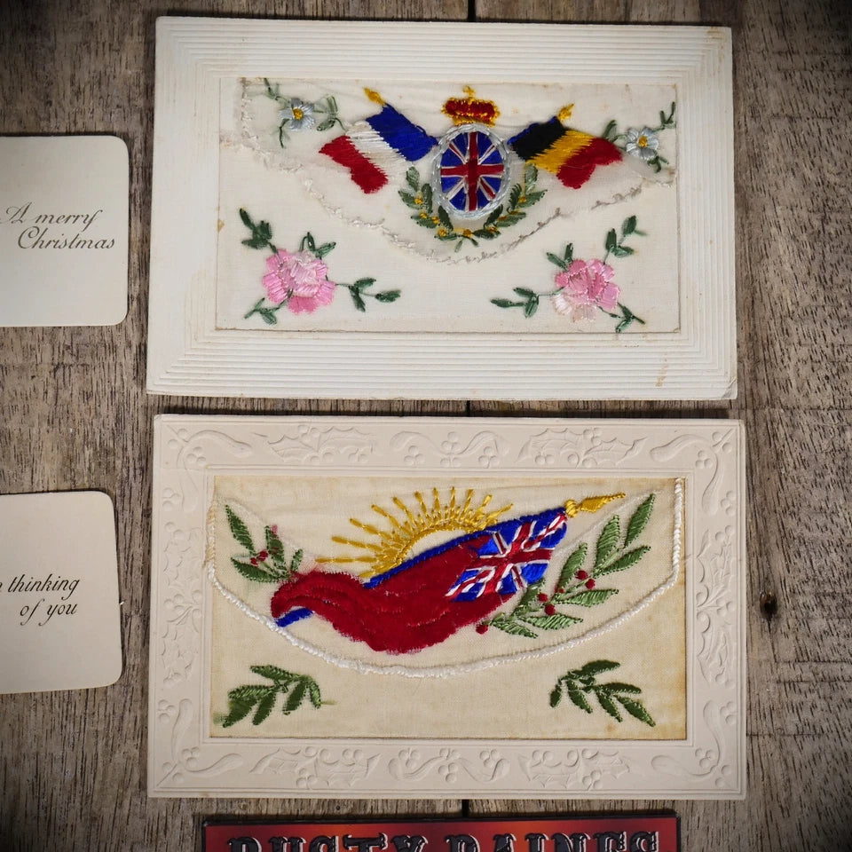 Postcard Bundle, WW1 Era Embroidered Silk Patriotic Allied Flags x2