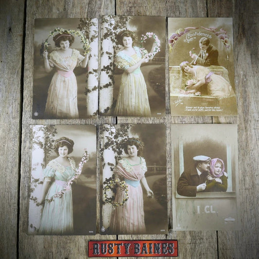 Postcard Bundle, Antique French Pretty Glamour Girl, Tinted Real Photo
