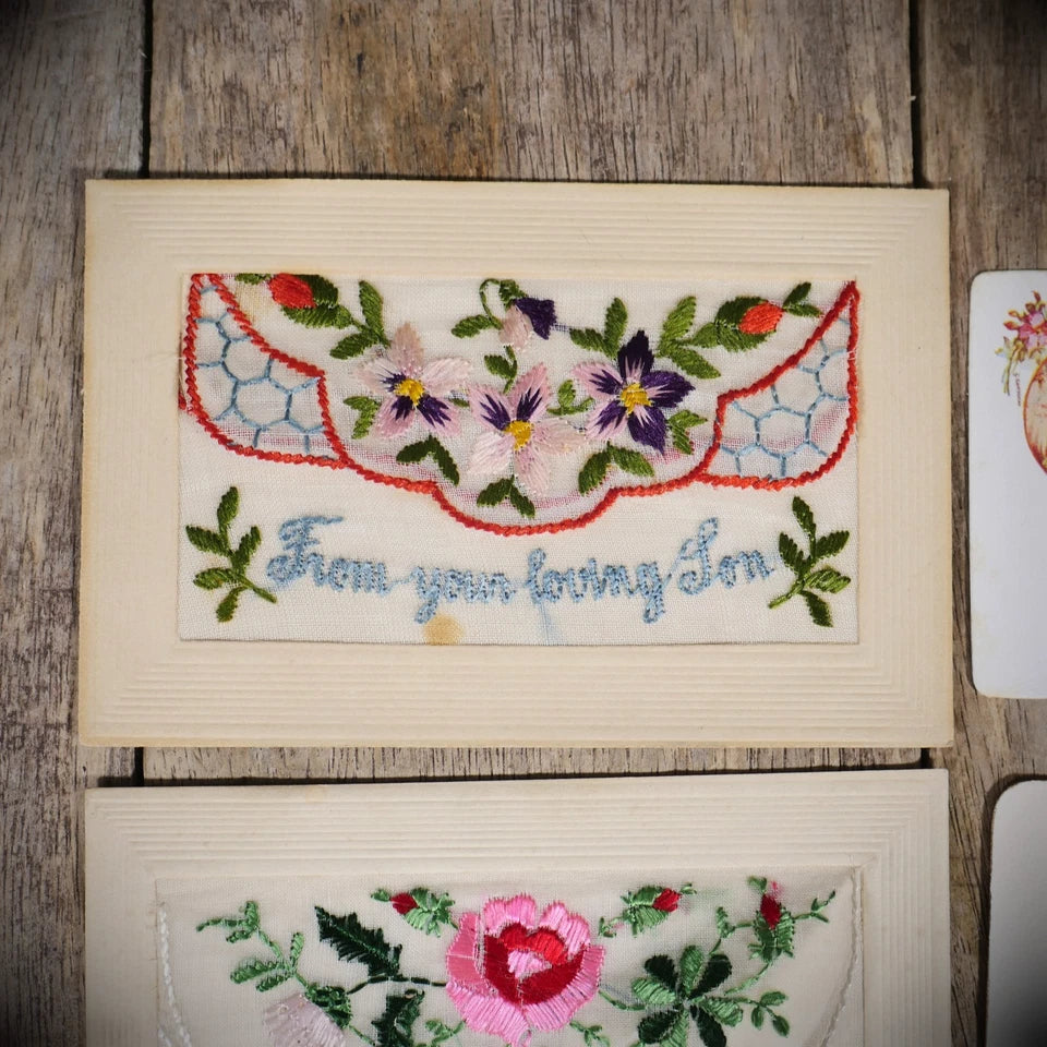 Postcard Bundle, WW1 Embroidered Silk, Father/Son/Home