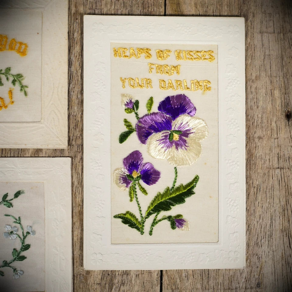 Postcard Bundle, WW1 Embroidered Silk, Sentimental Sweetheart Types
