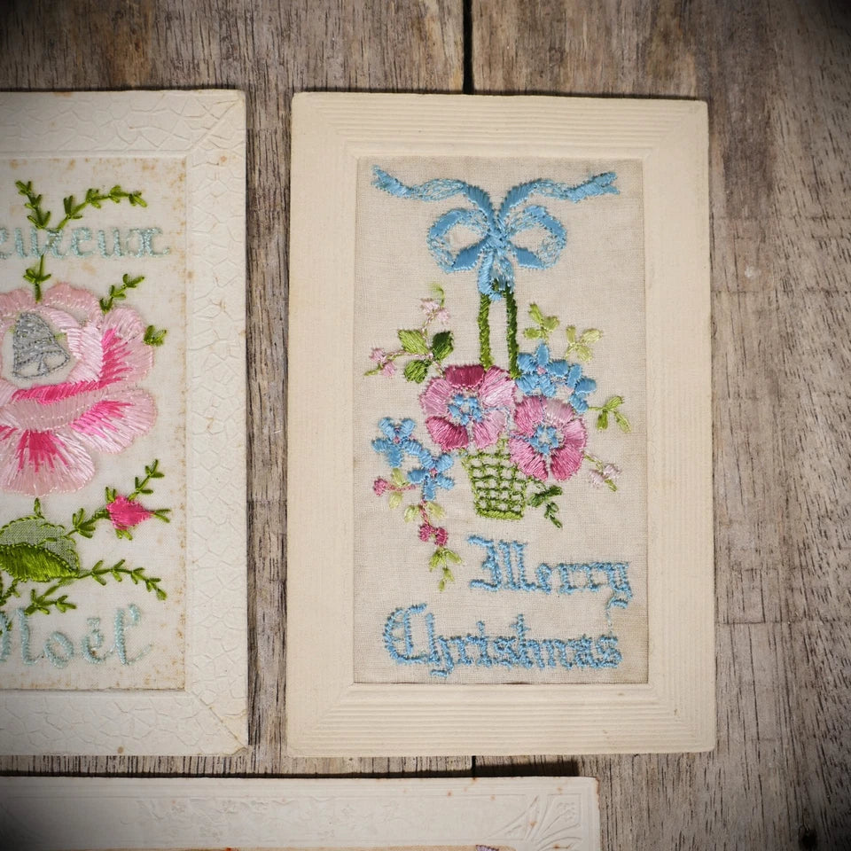 Postcard Bundle, WW1 Embroidered Silk, Floral, Birds, Christmas