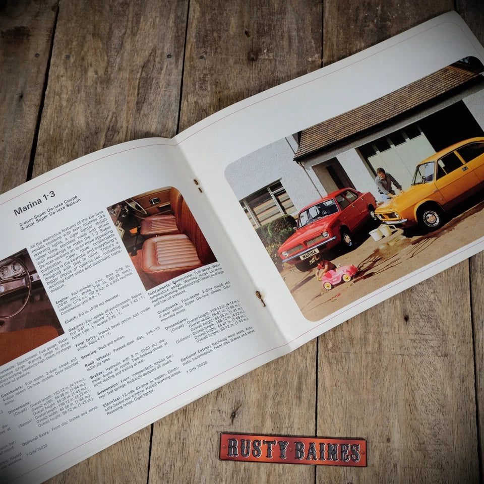 Car Brochure, Morris/British Leyland 1974, Marina/1800/2200/Mini/Clubman/1275GT