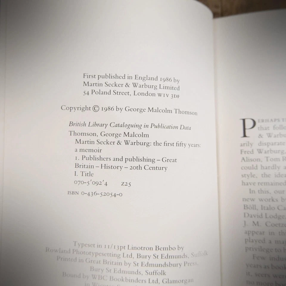 Martin Secker & Warburg, George M Thomson, Book Publishing, 1986 Hardcover