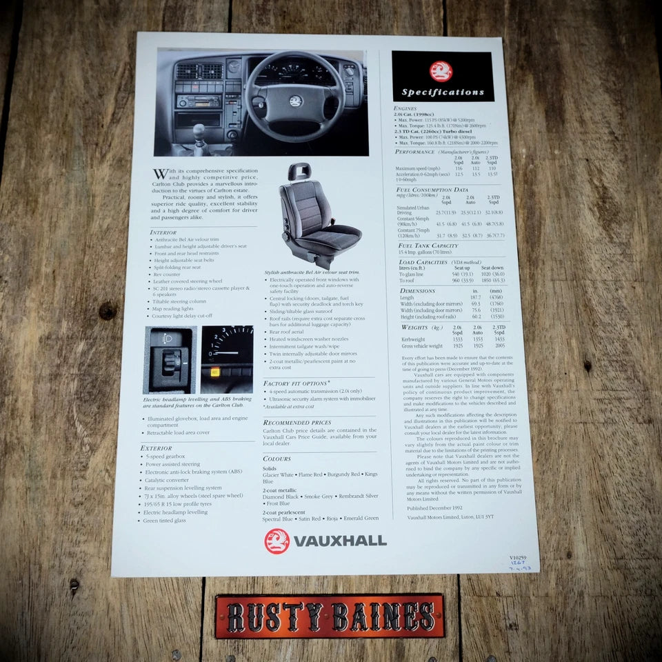 Sales Brochure, Vauxhall Carlton Estate Club Edition, Single Sheet, 1992