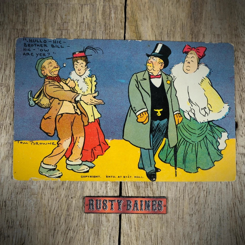 Postcard, Tom Browne Original Comic Drunk Working Class Man, Posh Man