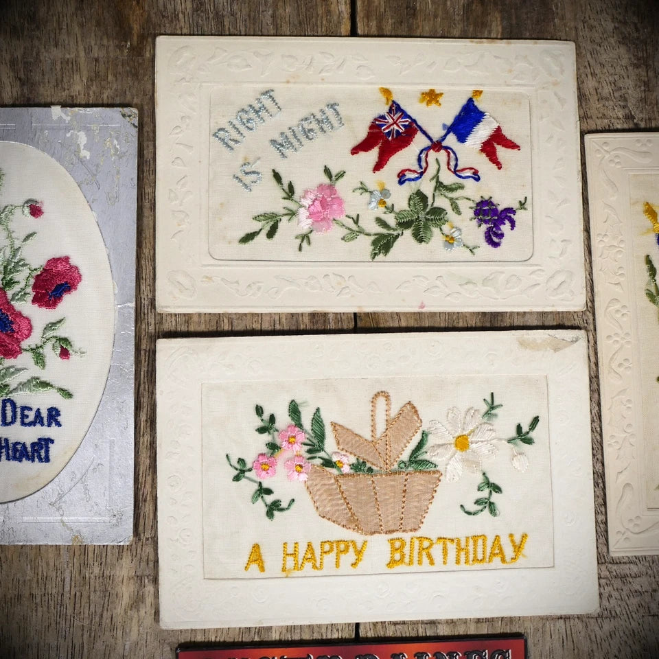 Postcard Bundle, WW1 Era Embroidered Silk, Flags/Might is Right