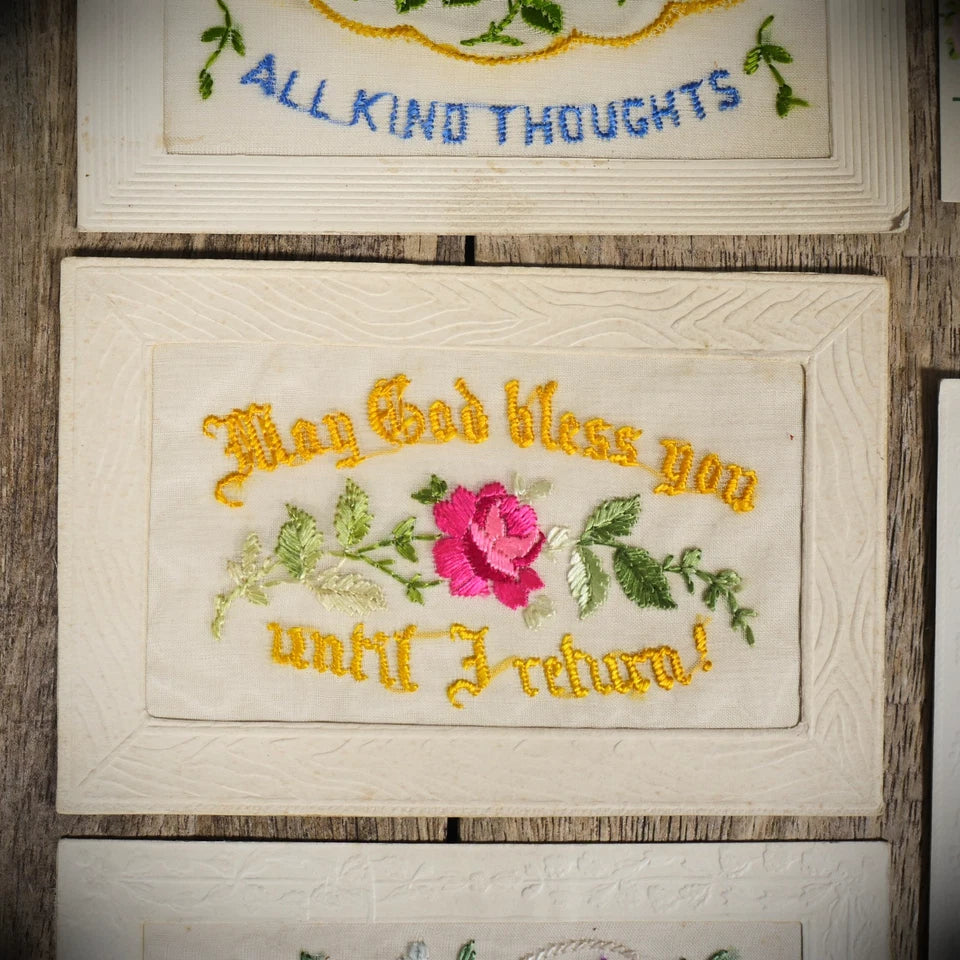 Postcard Bundle, WW1 Embroidered Silk, Sentimental Sweetheart Types