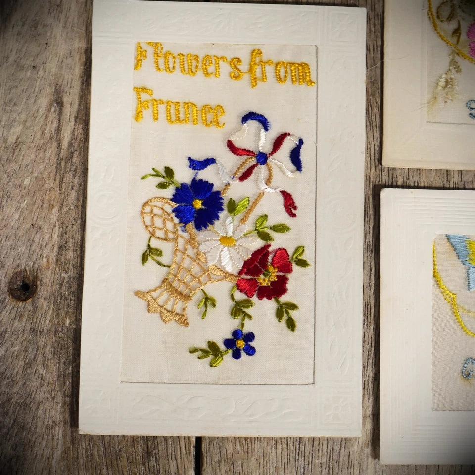 Postcard Bundle, WW1 Era Embroidered Silk, Butterfly/Dragonfly/France