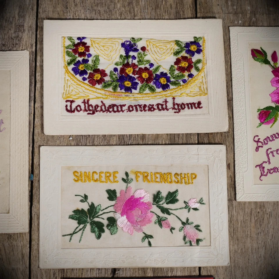 Postcard Bundle x4, WW1 Era Embroidered Silk, Forget Me Not/Friendship