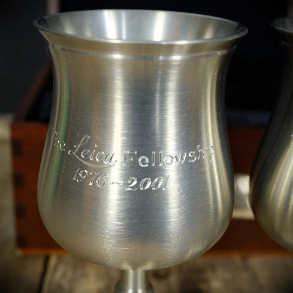 Leica Camera Fellowship Pewter Goblets, Crown & Rose, Royal Selangor, Wood Case