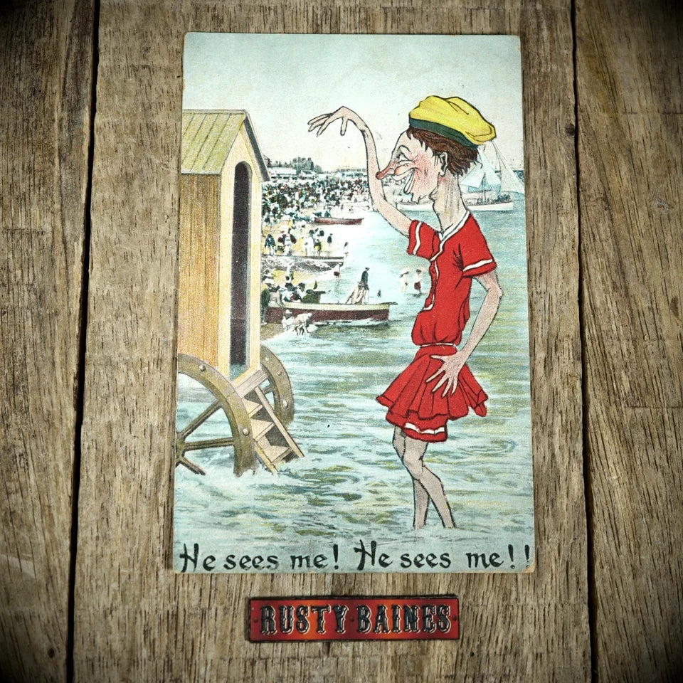 Postcard, Comic,Beach Bathing Machine, Ugly Old Woman Swimsuit