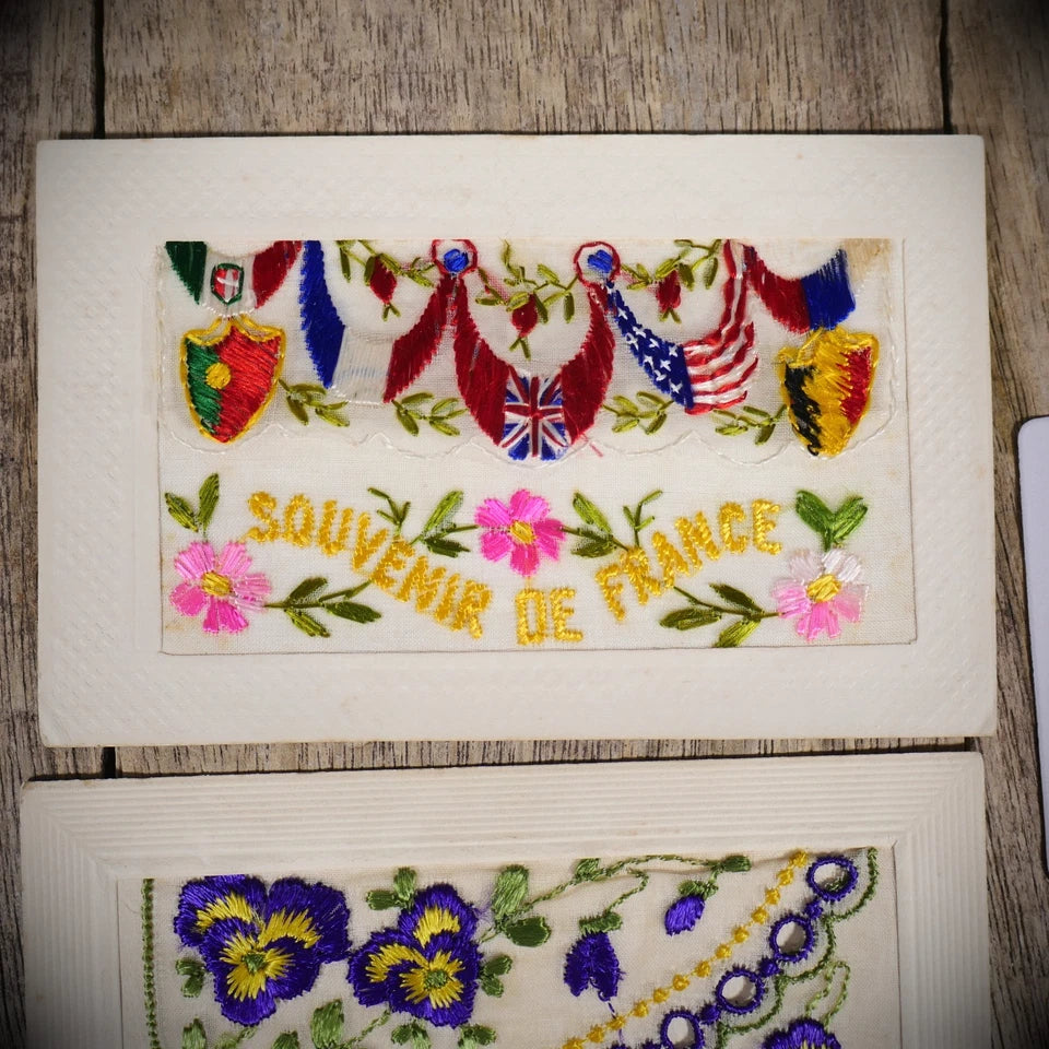 Postcard Bundle, WW1 Embroidered Silk, Souvenir From France, Flags