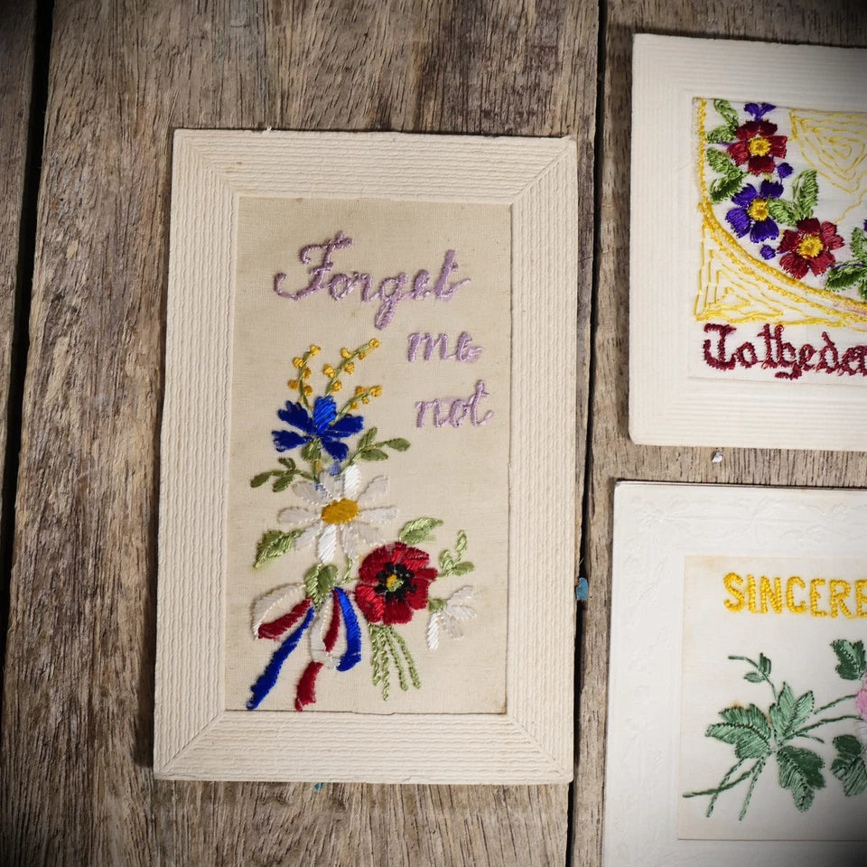 Postcard Bundle x4, WW1 Era Embroidered Silk, Forget Me Not/Friendship