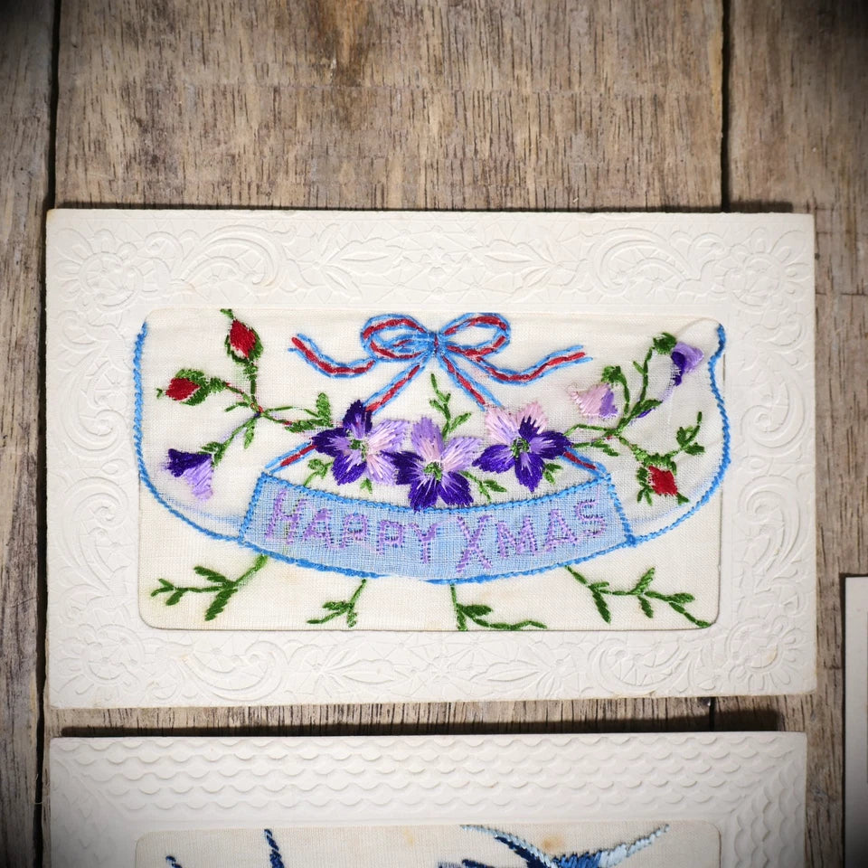 Postcards, WW1 Embroidered Silk, Floral, Birds, Christmas