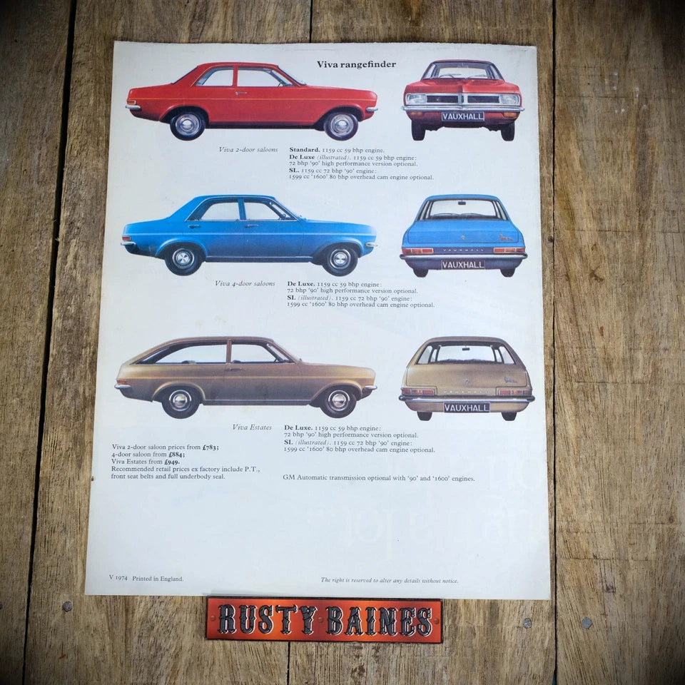 Vintage Car Brochure, Vauxhall Viva HC 1974, Poster Style