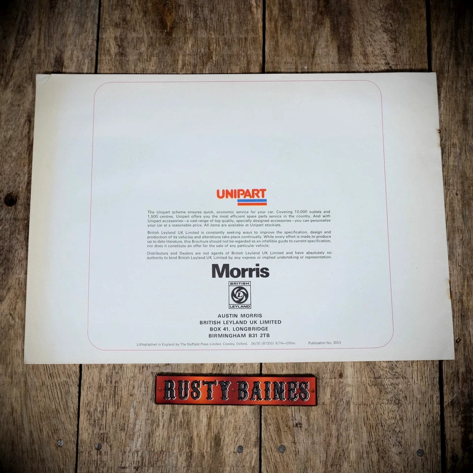 Car Brochure, Morris/British Leyland 1974, Marina/1800/2200/Mini/Clubman/1275GT