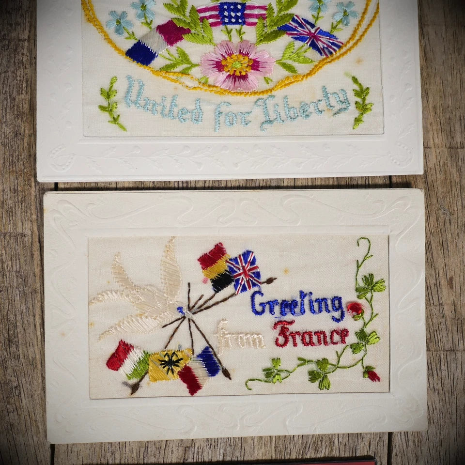 Postcard Bundle, WW1 Embroidered Silk, Patriotic Allied Flags/Bird