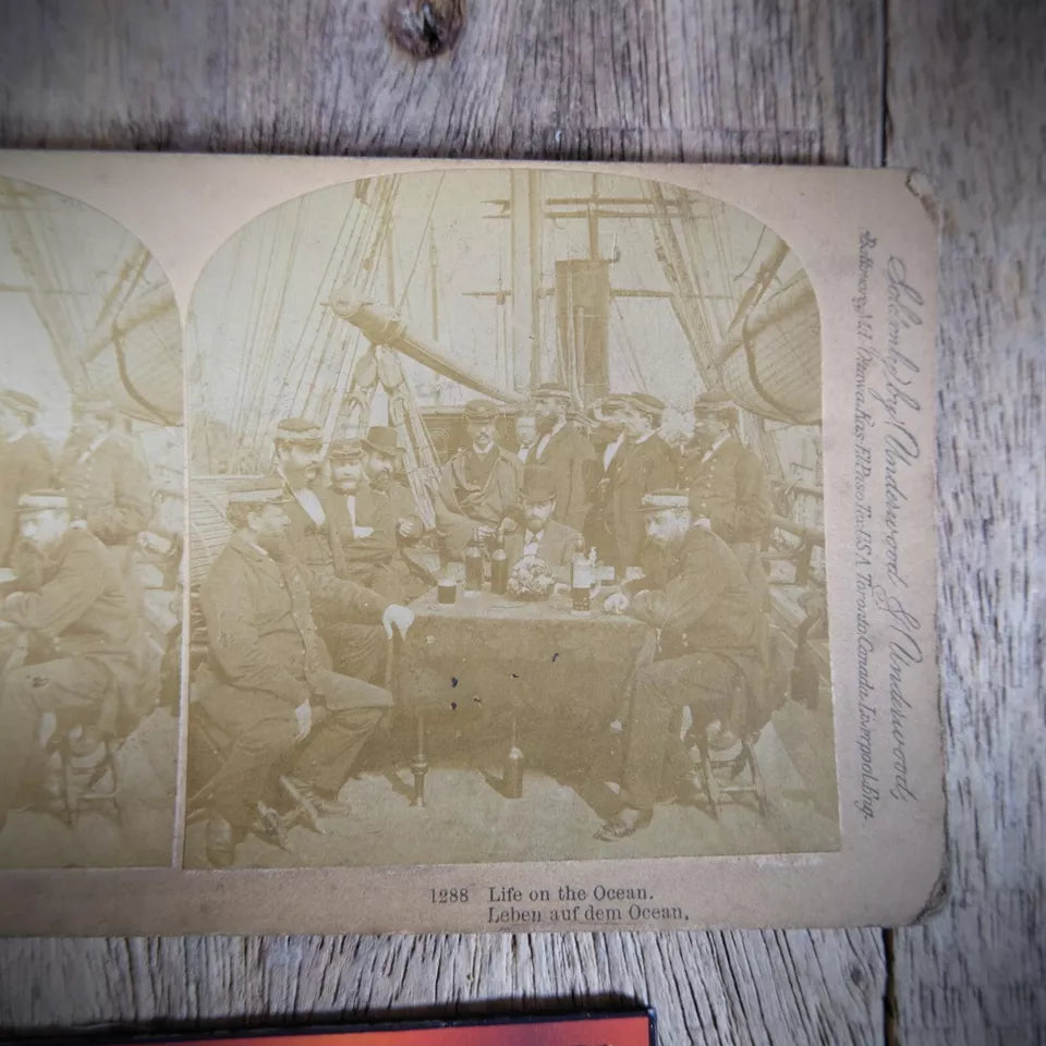 Stereoview Card, Life on the Ocean, Bearded Sailors on Deck, Drinking