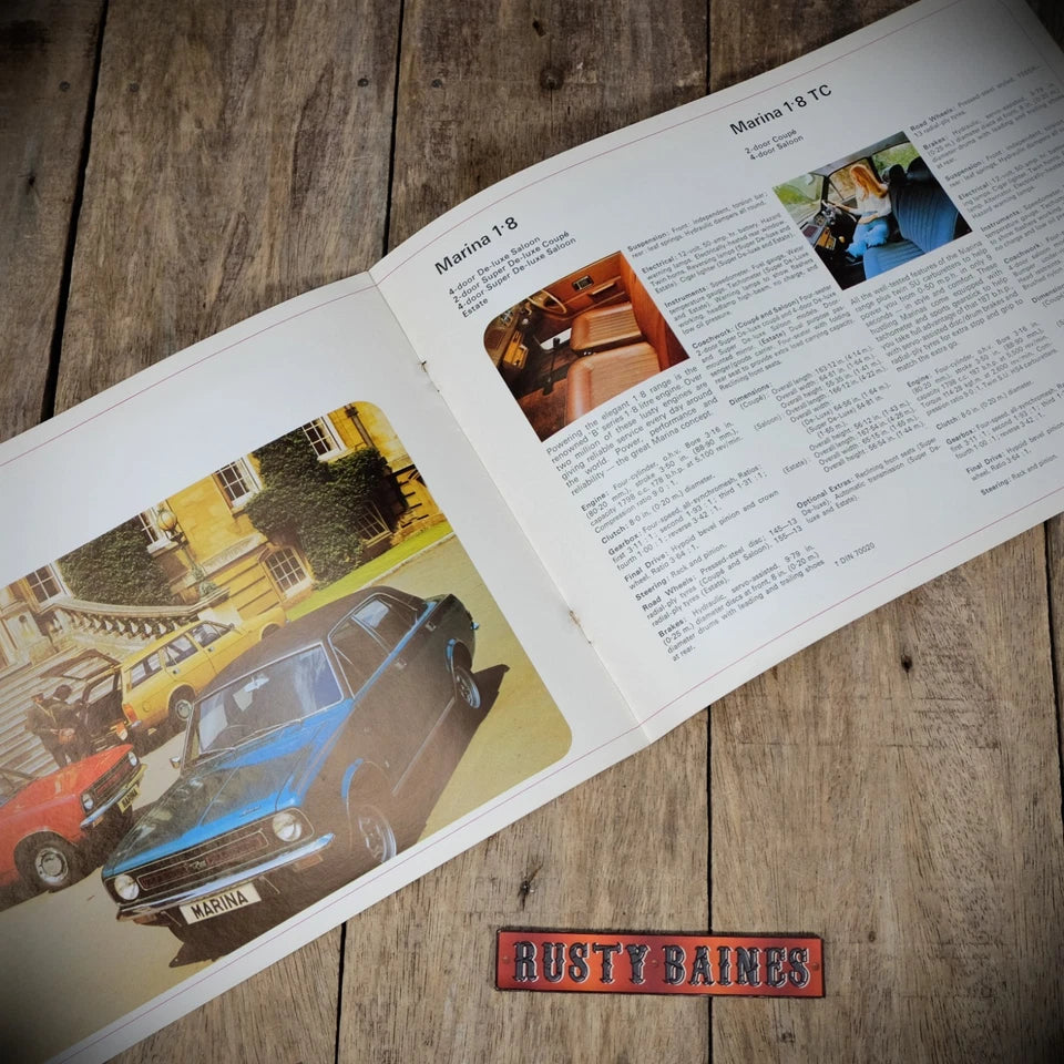 Car Brochure, Morris/British Leyland 1974, Marina/1800/2200/Mini/Clubman/1275GT