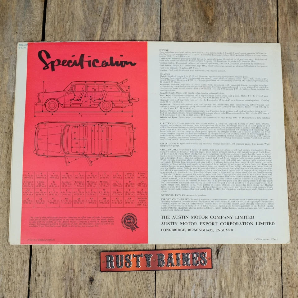 Original Car Brochure, Austin A60 Countryman, Poster Style