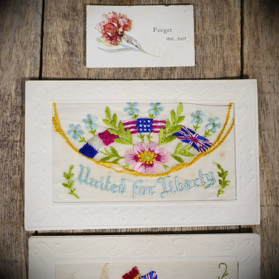 Postcard Bundle, WW1 Embroidered Silk, Patriotic Allied Flags/Bird