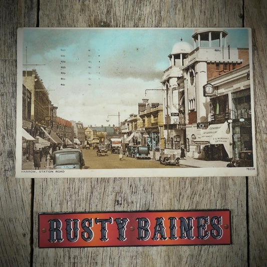 Postcard, Harrow, Station Road 1943, Vintage Cars, Coloured, Printed