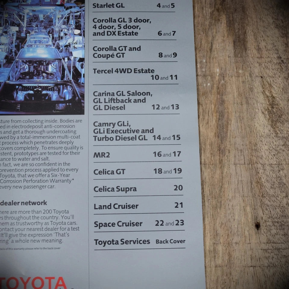 Car Brochure, Toyota Range 1986 UK, Celica, Corolla, Supra, Landcruiser Etc.