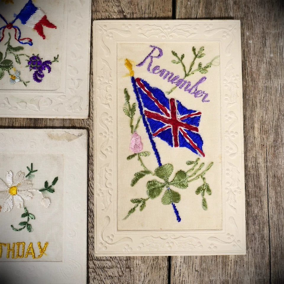 Postcard Bundle, WW1 Era Embroidered Silk, Flags/Might is Right