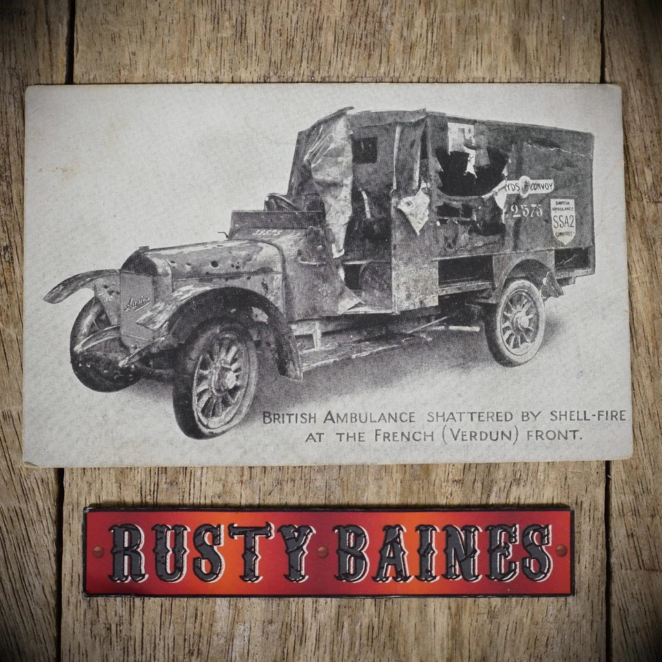 Postcard, Red Cross Austin Ambulance, WW1 Shell/Battle Damaged