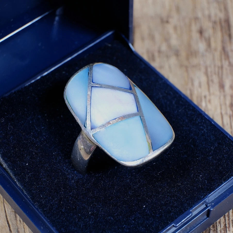Solid Silver Ring with Inlaid Blue Mother of Pearl? Size O