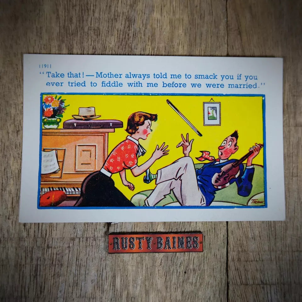 Vintage Postcard, Comic, Fiddle Violin Player Slapped by Girlfriend