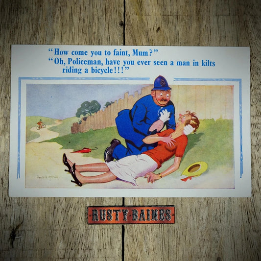Postcard, Donald McGill Comic, Policeman, Fainted Woman, Bicycle Kilt