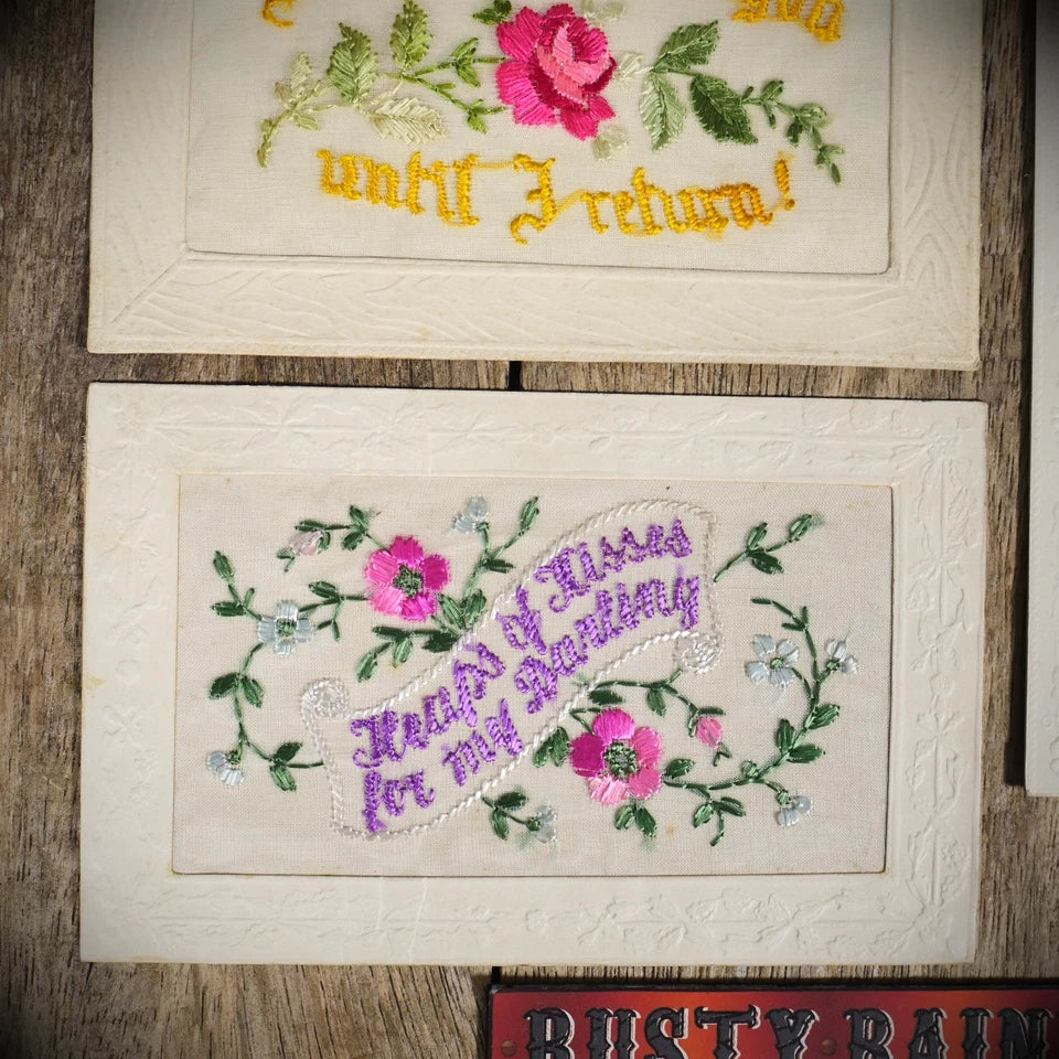 Postcard Bundle, WW1 Embroidered Silk, Sentimental Sweetheart Types