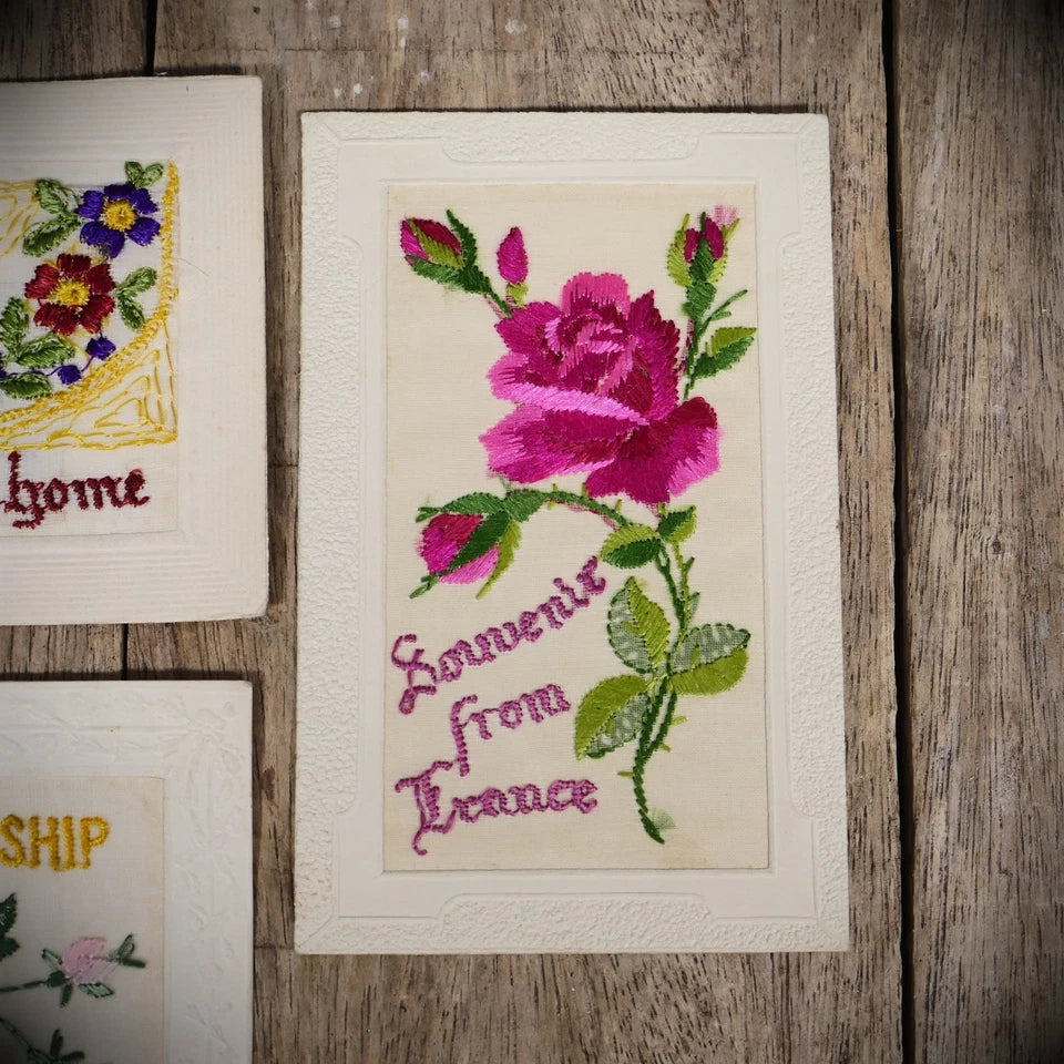 Postcard Bundle x4, WW1 Era Embroidered Silk, Forget Me Not/Friendship