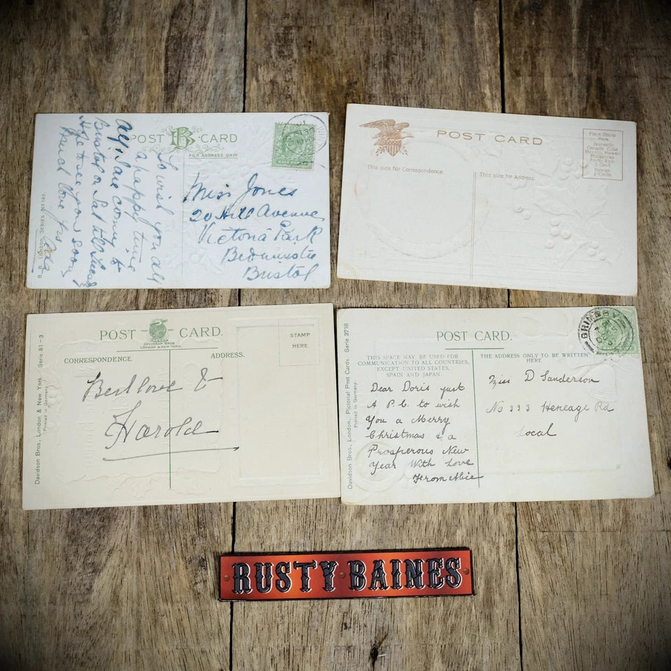 Bundle of Antique Postcards, Christmas Greetings x4, Chromo-Litho