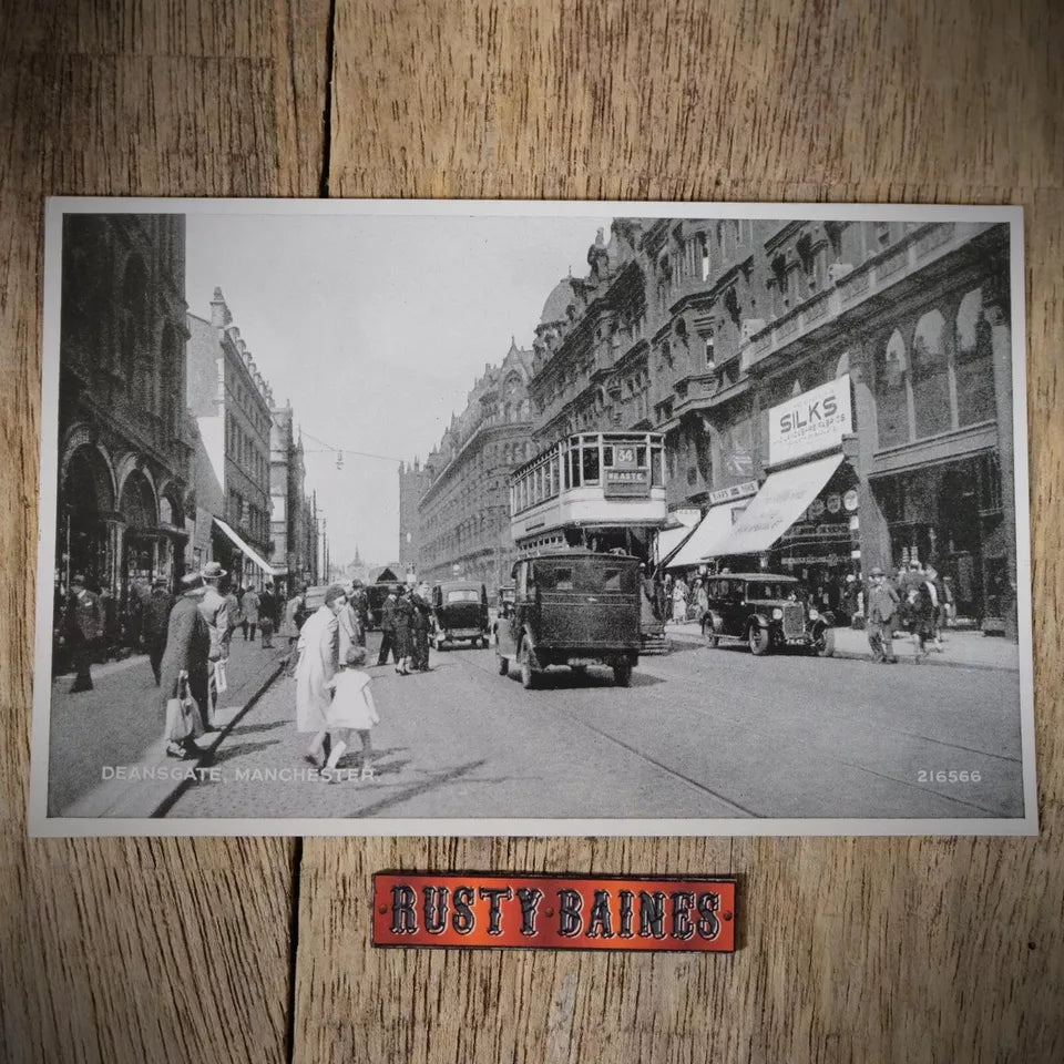 Postcard, Manchester Deansgate, Vintage Car Van Tram