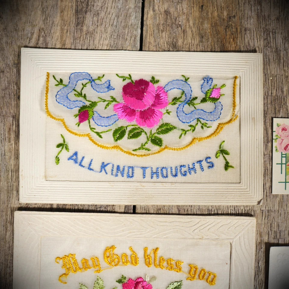 Postcard Bundle, WW1 Embroidered Silk, Sentimental Sweetheart Types