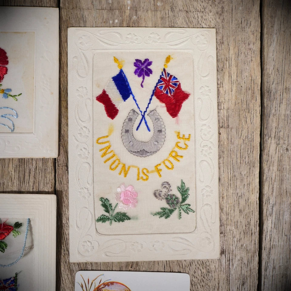 Postcard Bundle, WW1 Embroidered Silk, Remember Me/Union is Force