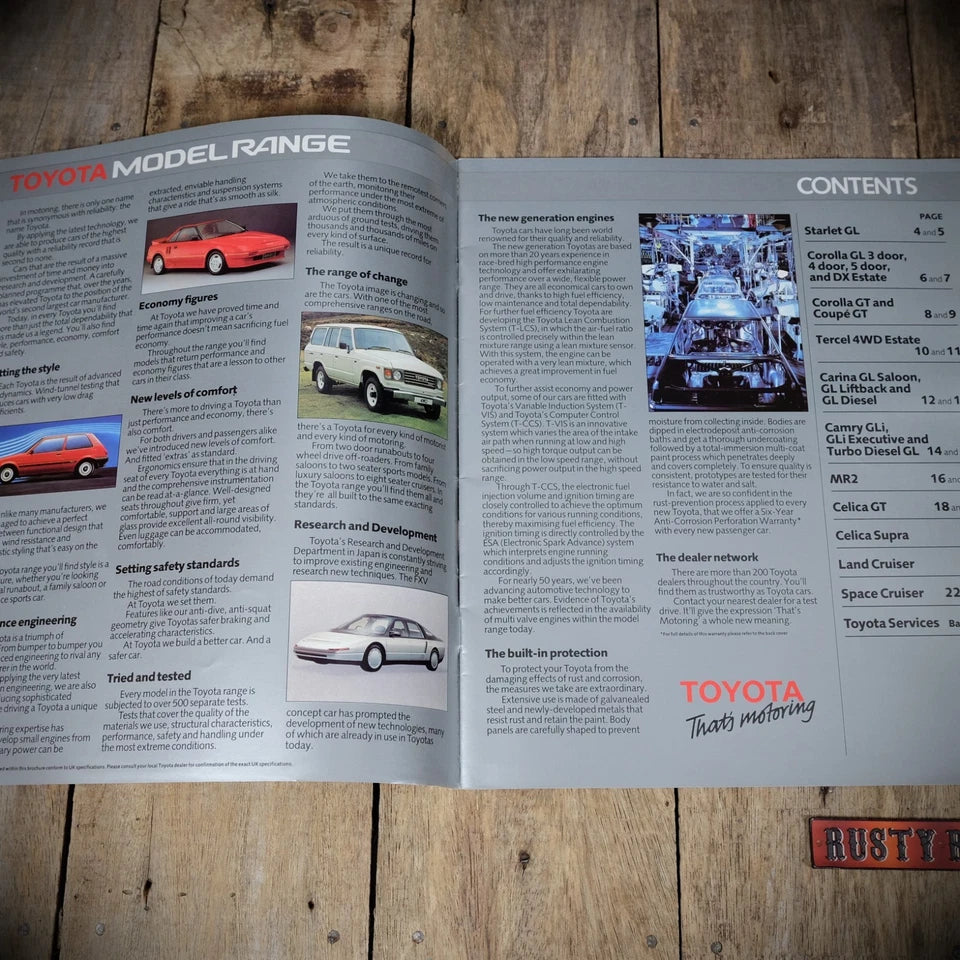 Car Brochure, Toyota Range 1986 UK, Celica, Corolla, Supra, Landcruiser Etc.