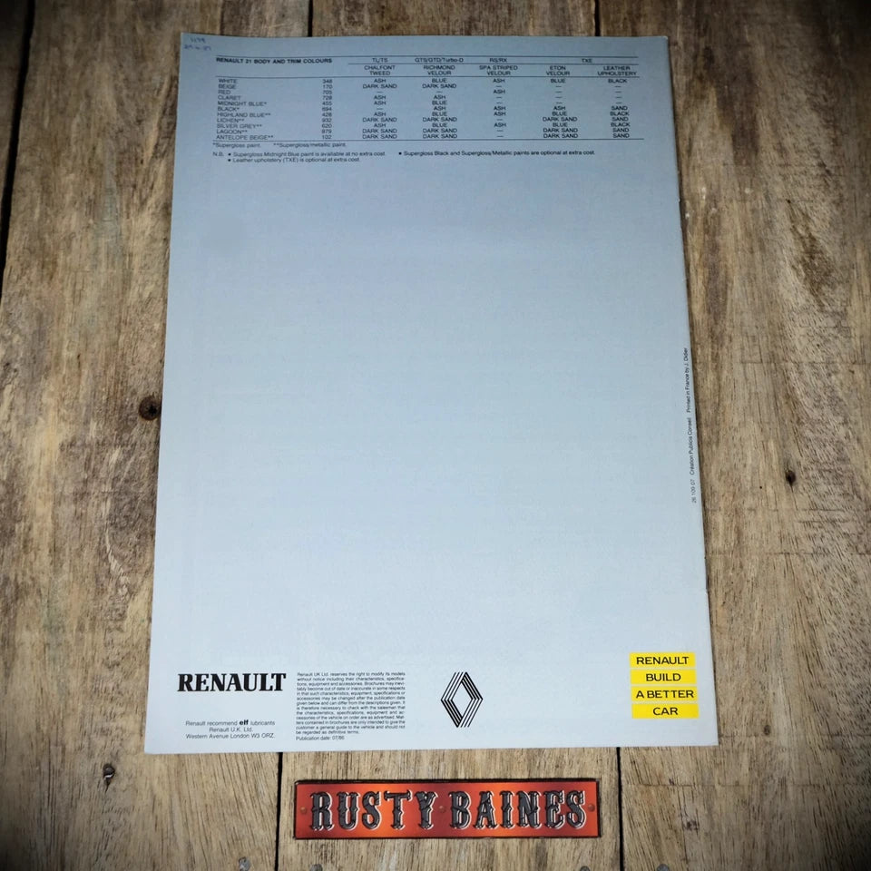 Sales Brochure, Renault 21, 1986 UK