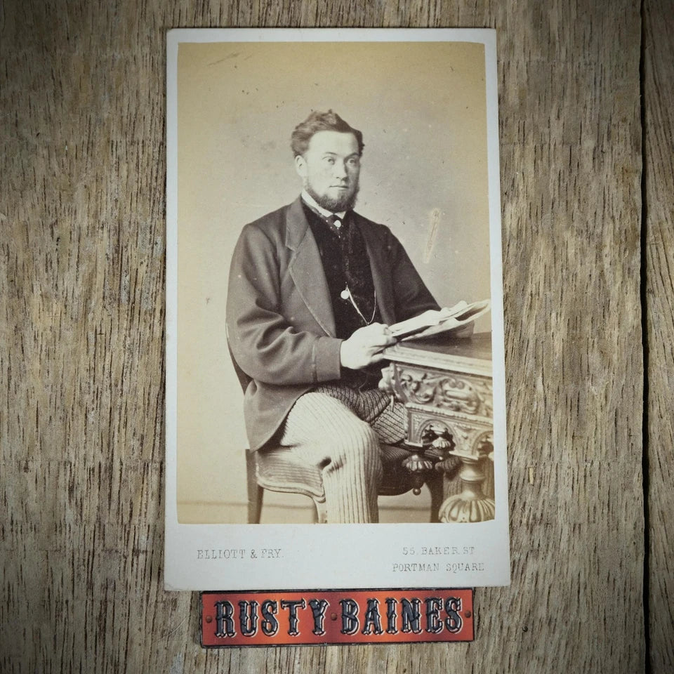 Carte de Visite (CDV) Portrait of Seated Man, Newspaper, Antique Furniture, Elliot & Fry, Portman