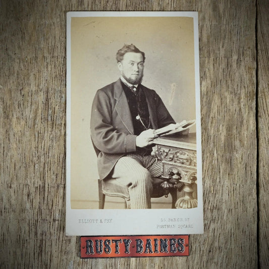 Carte de Visite (CDV) Portrait of Seated Man, Newspaper, Antique Furniture, Elliot & Fry, Portman