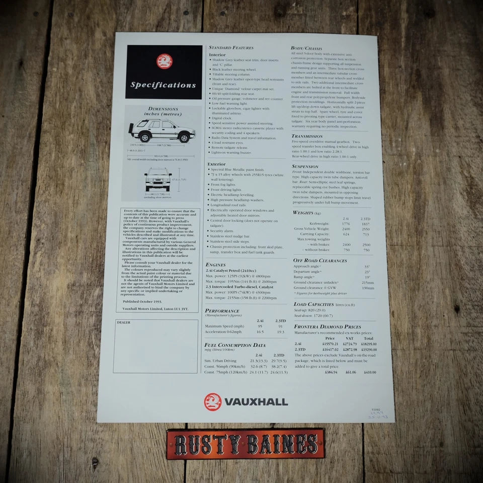 Sales Brochure, Vauxhall Frontera Diamond Limited Edition 1993