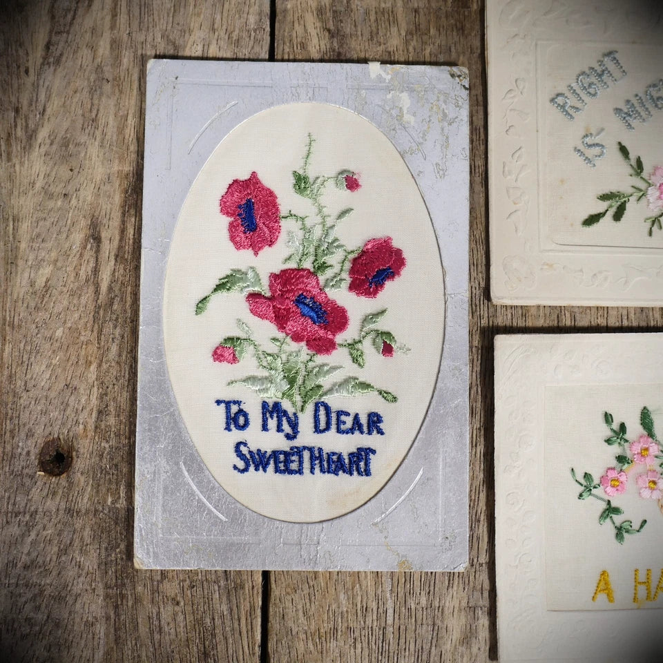 Postcard Bundle, WW1 Era Embroidered Silk, Flags/Might is Right