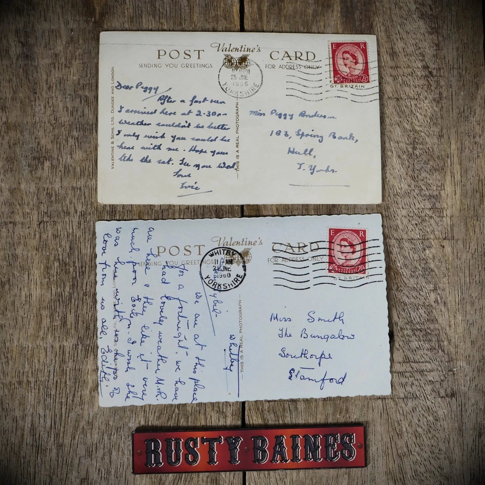 Pair of Whitby Postcards, Real Photo, 1960 Beach, Good Luck Cat