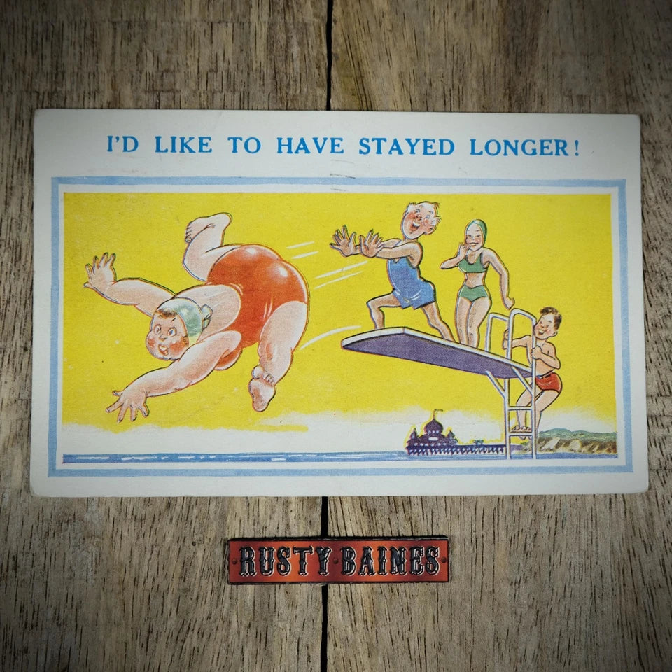 Postcard, Comic/Humour, Chubby Woman Shoved off a Diving Board
