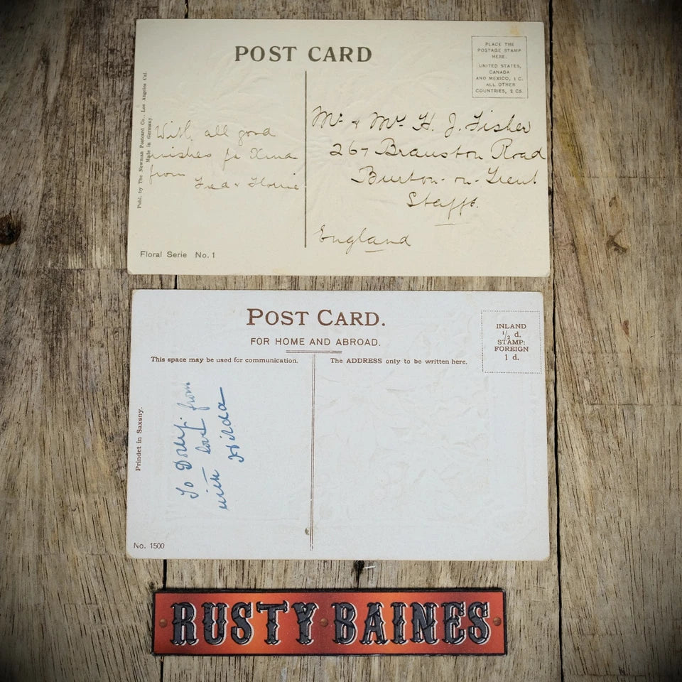 Pair of Antique Chomo-Litho Embossed Christmas Poinsettia Postcards