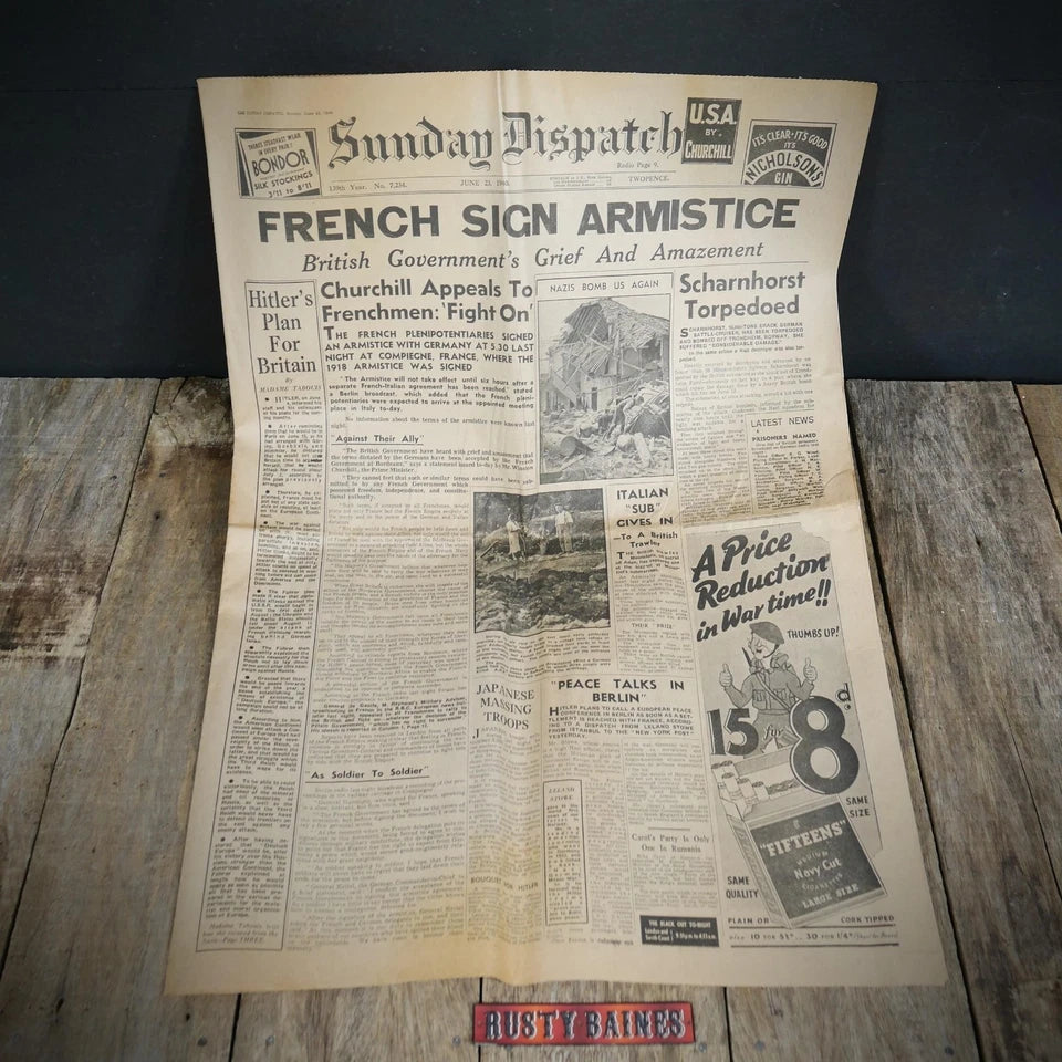 Original Sunday Dispatch WW2 Newspaper June 23 1940, French Surrender Armistice