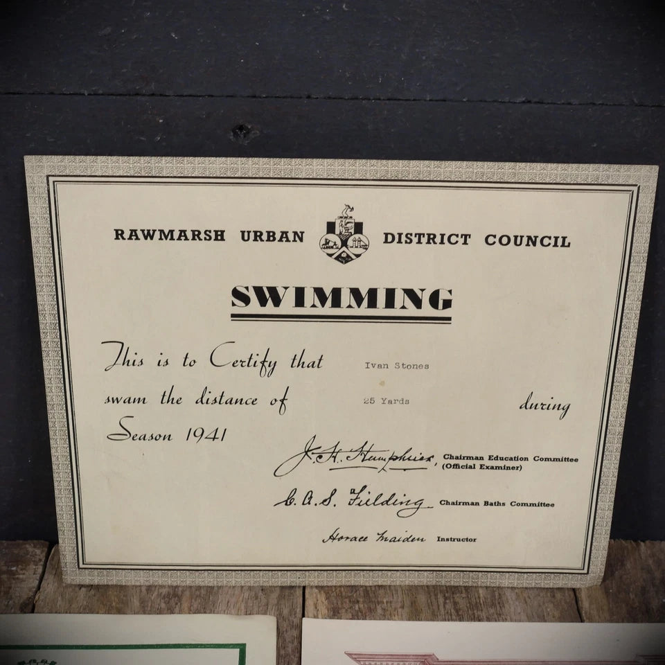 Vintage Ephemera, Certificates for a Mr Ivan Stones, Rawmarsh Rotherham