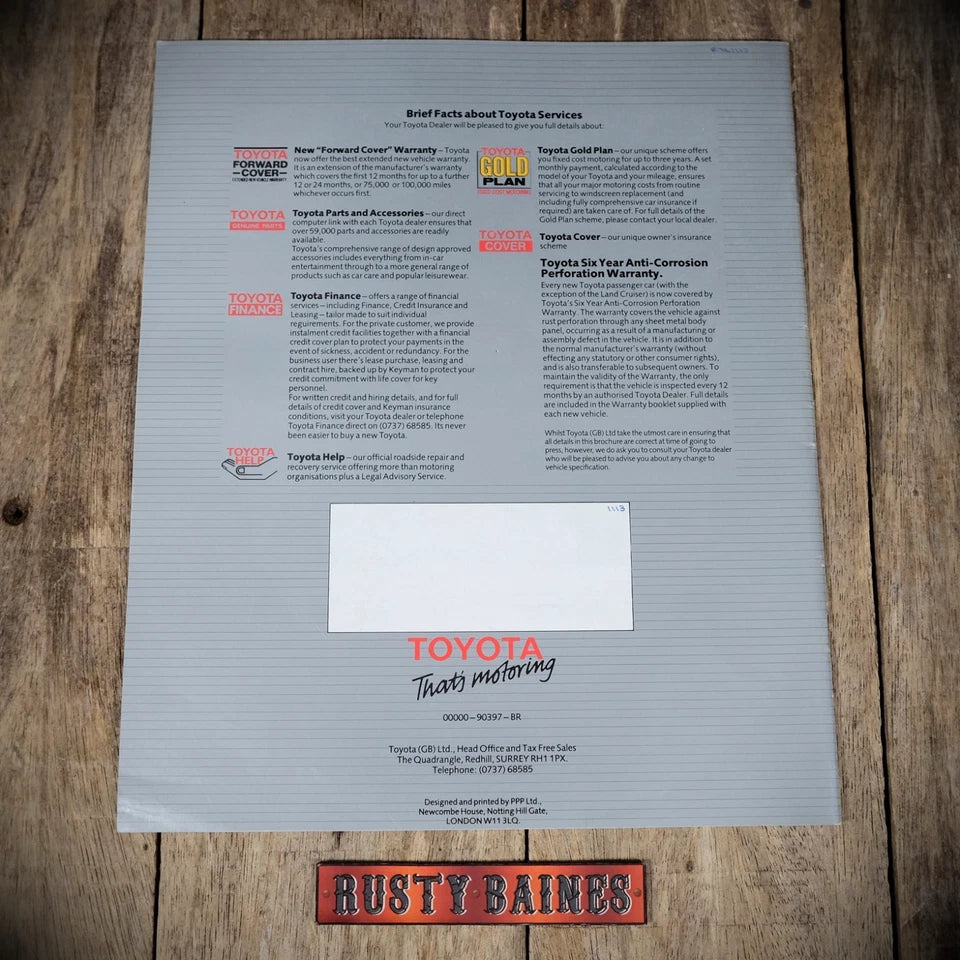 Car Brochure, Toyota Range 1986 UK, Celica, Corolla, Supra, Landcruiser Etc.